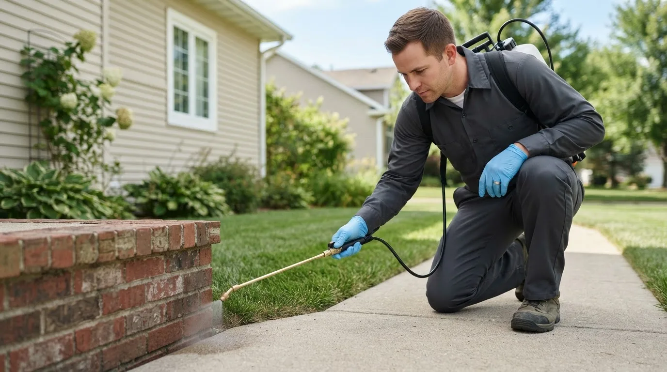 Pest control technician treating a home near Sanford, ME