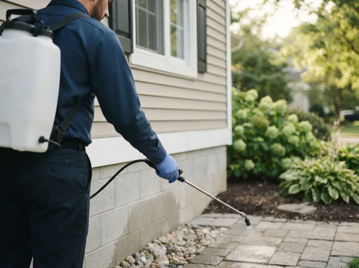 Pest control technician inspecting a home in Sanford, ME